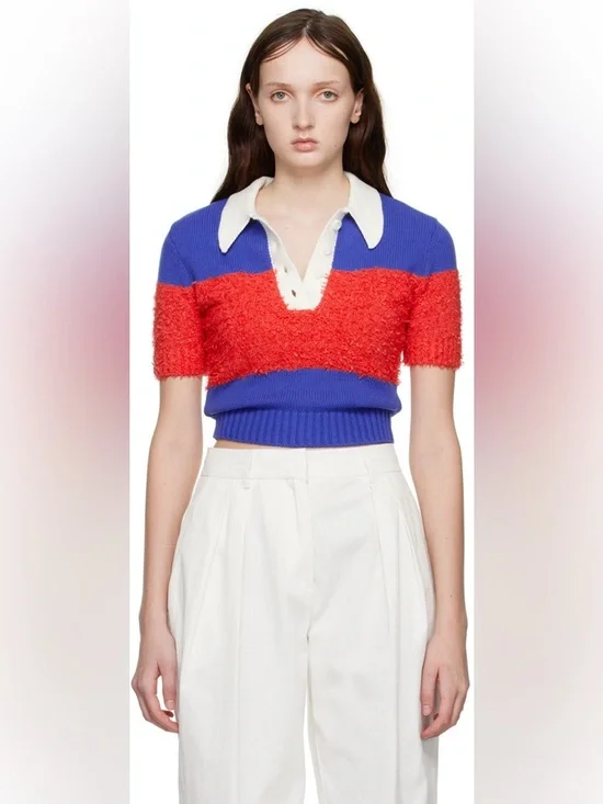 STAUD Spencer Top in Hibiscus & Atlantic Rugby Stripe Red White and Blue Texture - Picture 8 of 10